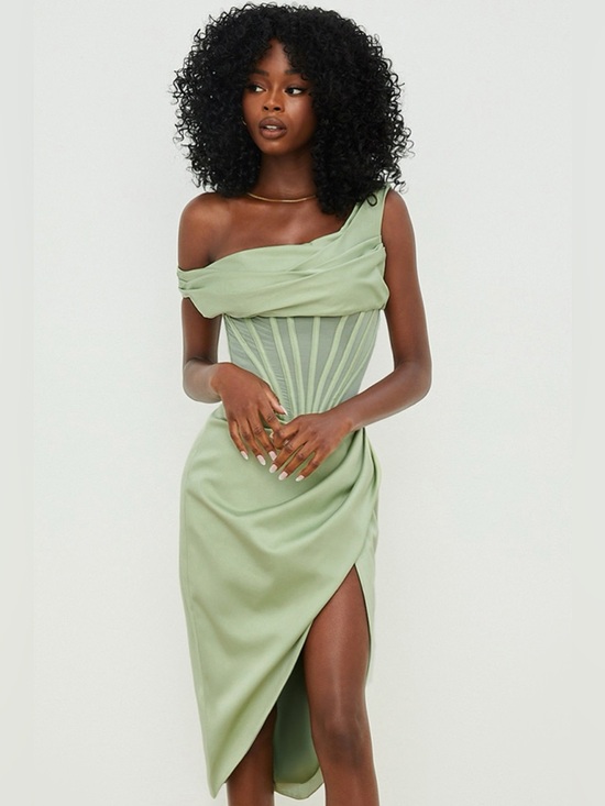 House of CB Dresses & Skirts - House of CB Lulu Pistachio / Sage Green Corset Midi Dress Asymmetric Drape XS